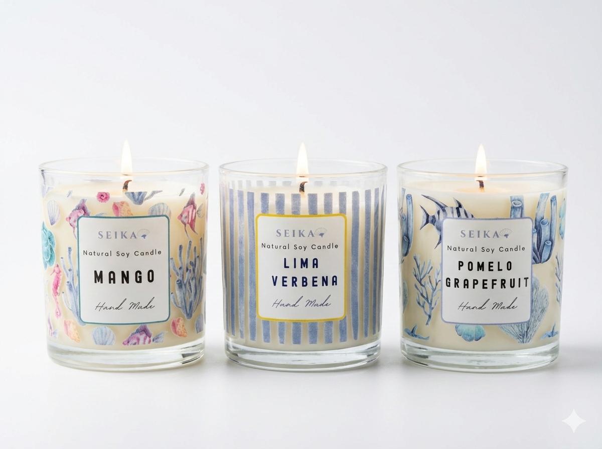 Pack 3 velas de soya natural Seika | Aromas Cítricos y tropicales